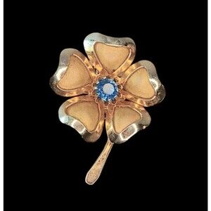 Vintage Coro Gold Tone Flower Clover w Blue Stone Brooch Pin Signed 1" x 1.5"